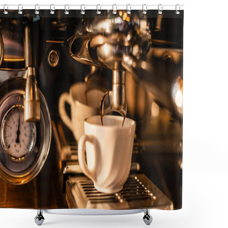 Personality  Close Up View Of Coffee Pouring In White Cup From Coffee Machine With Sunlight In Cafe Shower Curtains