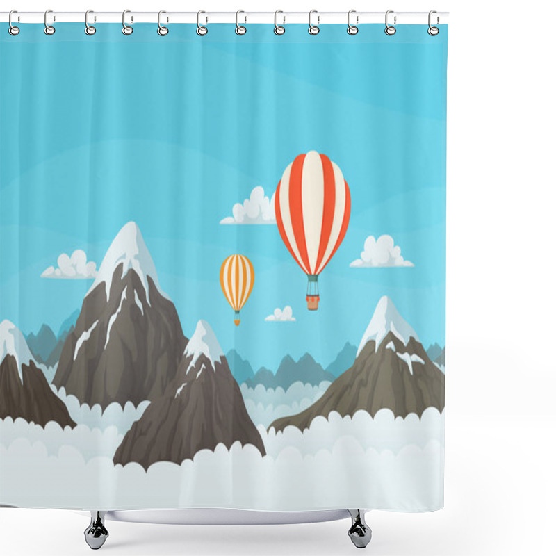 Personality  Striped Hot Air Balloons Flying Over Snowy Mountains And Clouds. Shower Curtains