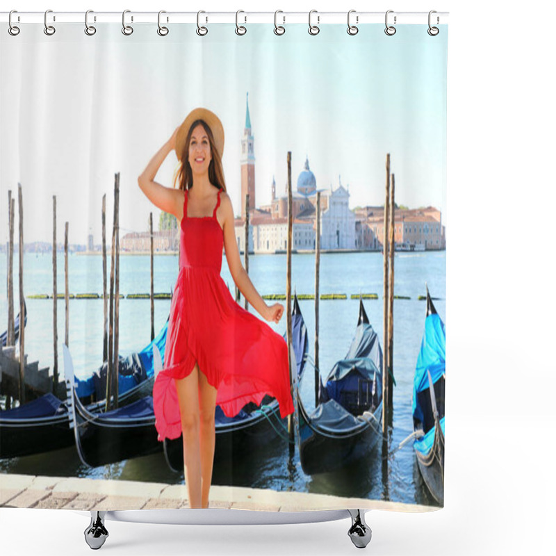 Personality  Happy Young Woman In Red Dress Walking In Venice, Italy. Smiling Girl Posing In Venice, Italy. Shower Curtains