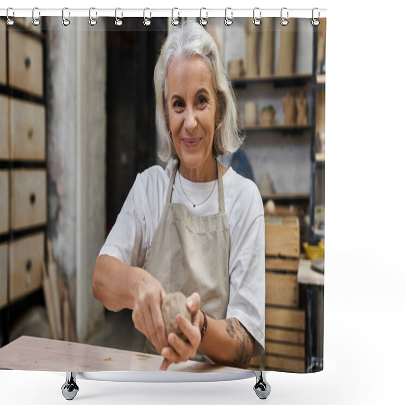 Personality  A Talented Mature Woman Works Diligently With Clay, Showcasing Her Artistic Skills In Pottery. Shower Curtains