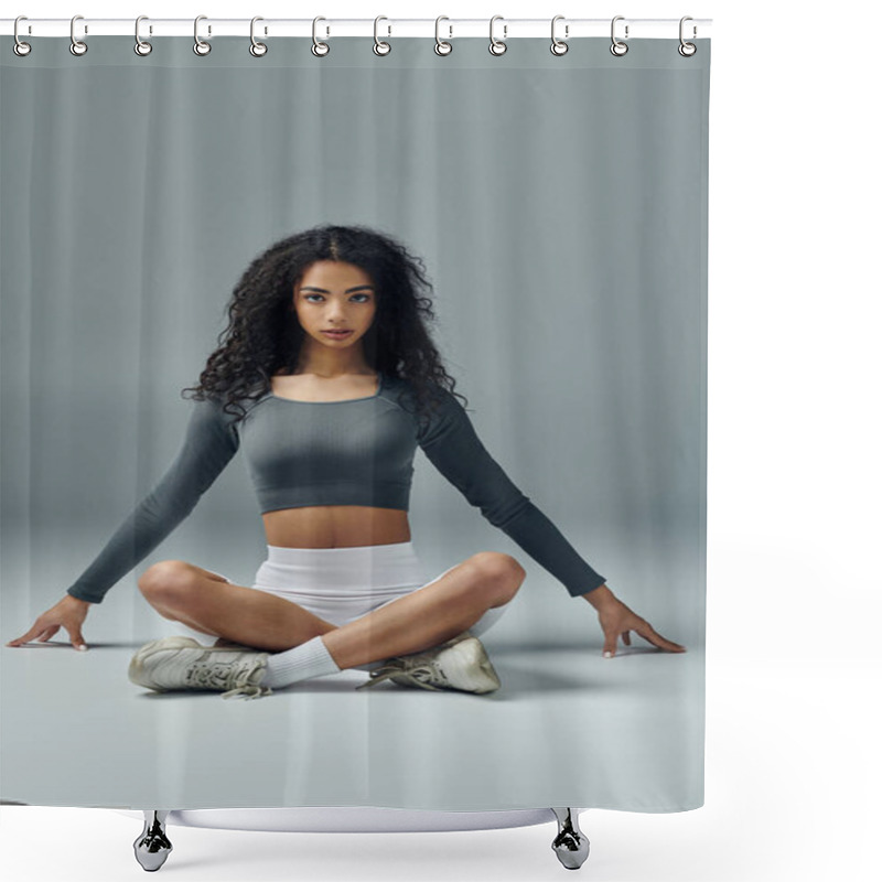 Personality  A Young Woman With Curly Hair Sits In A Relaxed Yoga Pose, Demonstrating Strength And Focus. Shower Curtains