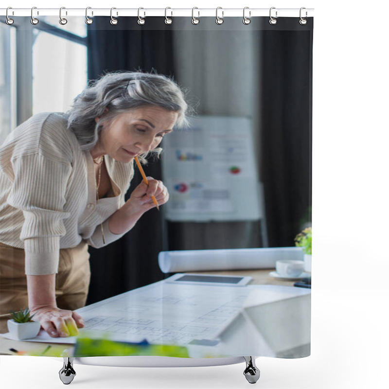 Personality  Pensive Businesswoman Holding Pencil Near Blueprint In Office  Shower Curtains