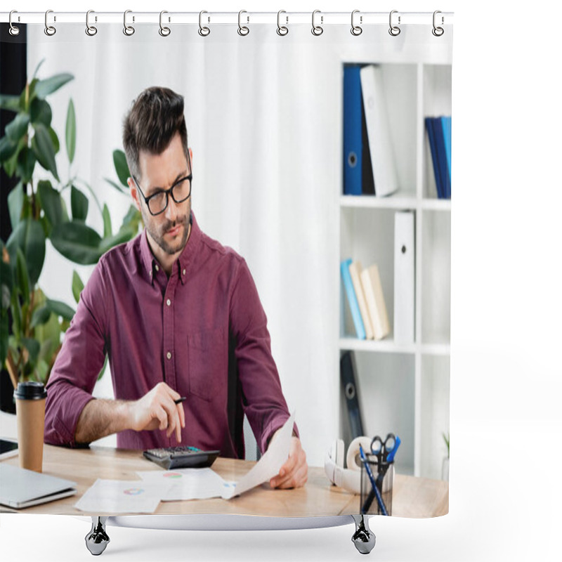 Personality  Thoughtful Businessman Using Calculator While Looking At Documents At Workplace Shower Curtains