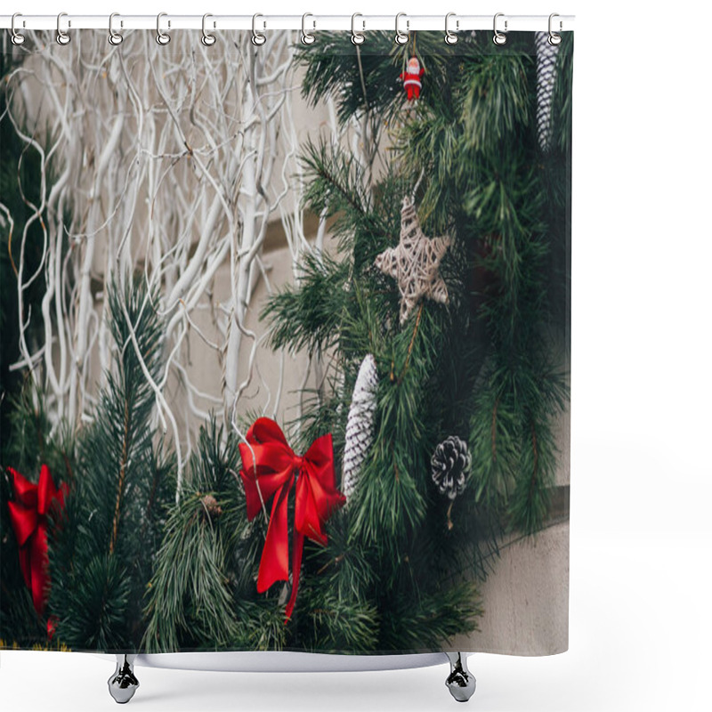 Personality  Stylish Christmas Decorations, Green Christmas Wreath With Red Bows And Ornaments, Pine Cones, Stars, White Branches In European City Street. Festive Decor In City Center, Winter Holidays Shower Curtains