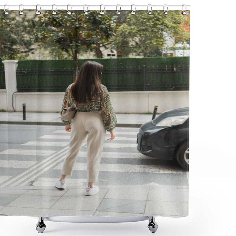 Personality  Back View Of Chic Woman With Long Hair In Trendy Outfit With Beige Pants, Cropped Blouse And Handbag With Chain Strap Standing On Crosswalk Near Car On Urban Street In Istanbul Shower Curtains