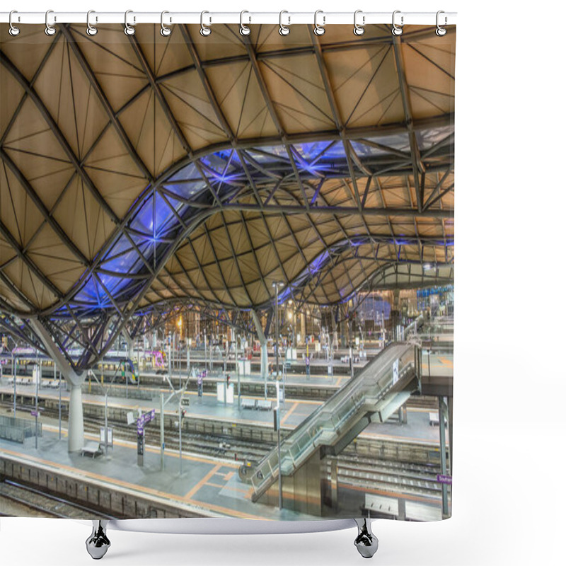 Personality  MELBOURNE, AUSTRALIA - NOVEMBER 2015: Southern Cross Central Train Station Interior At Night. Shower Curtains