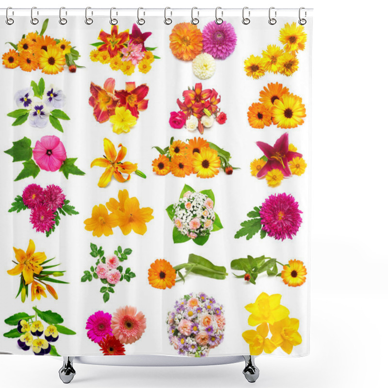 Personality  Flowers Collection Of Roses, Dahlia, Lilies, Chamomiles, Hibiscus, Chrysanthemum, Yarrow, Pansy, Calendula And Others Isolated On White Background. St. Valentine's Day. Easter. Flat Lay, Top View  Shower Curtains