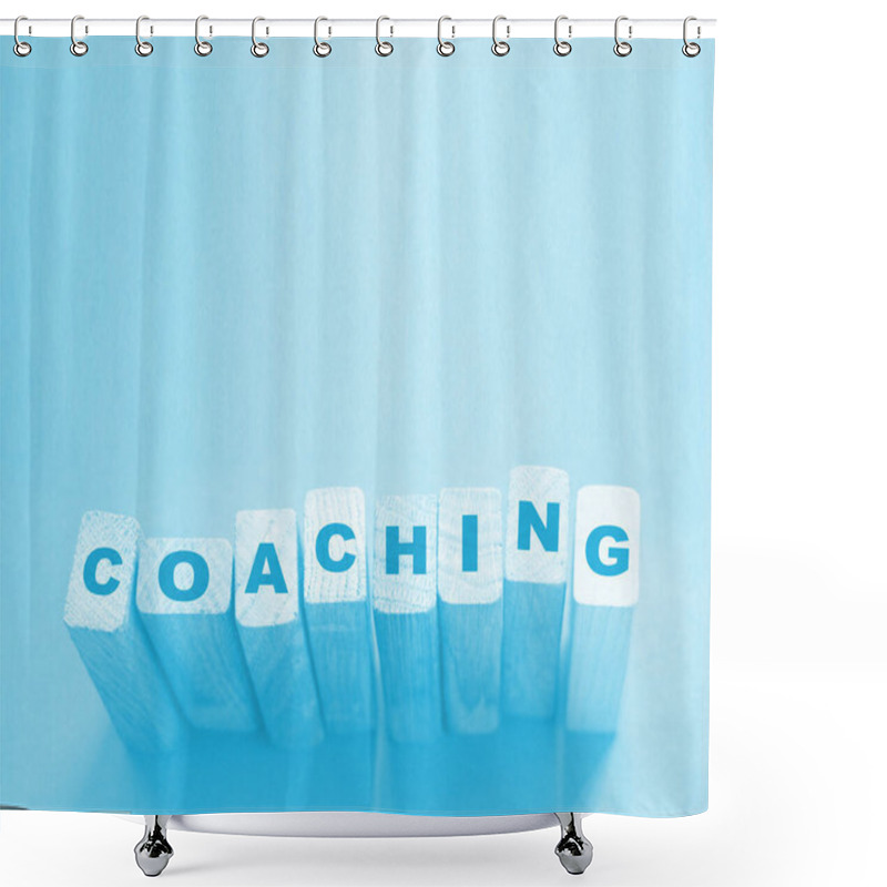 Personality  Coaching Word On Wooden Blocks On Aqua Blue Background. Personal And Business Achievements Concept. Shower Curtains