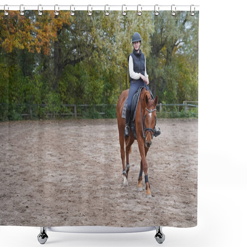 Personality  Red-brown Oldenburg Mare And Rider Training On The Riding Ground In Bavaria  Shower Curtains