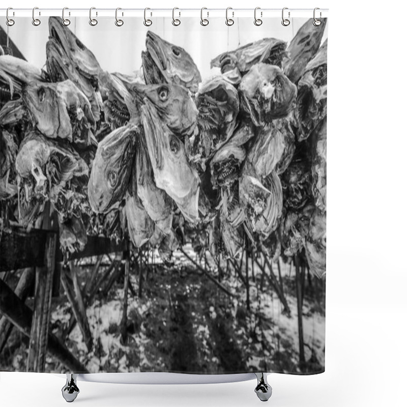 Personality  Traditional Outdoor Drying Norwegian Cod. Black-white Close-up Photo. Shower Curtains