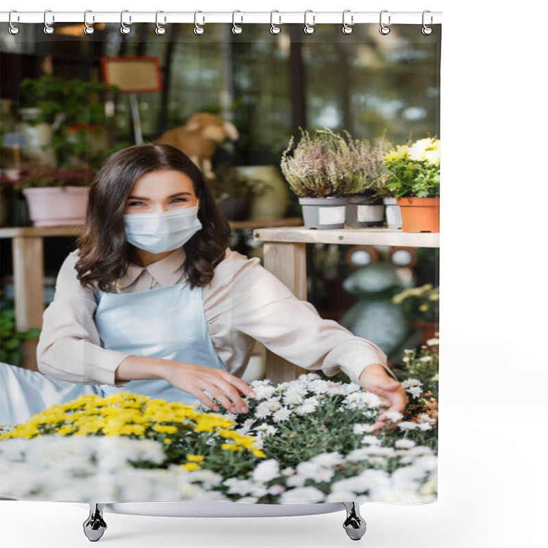 Personality  Cheerful Florist In Medical Mask Touching Chrysanthemums On Blurred Foreground Shower Curtains