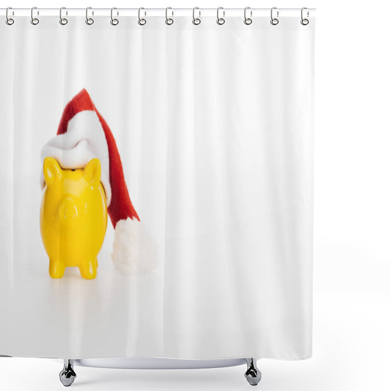 Personality  Yellow Piggy Bank In Santa Hat Isolated On White   Shower Curtains