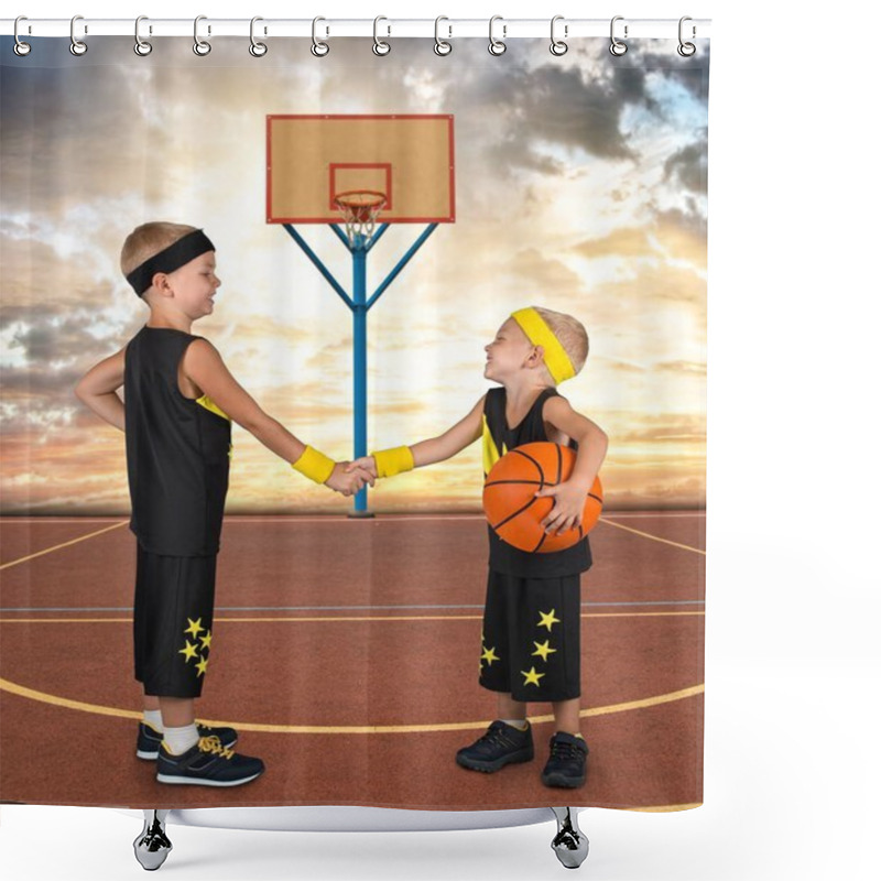 Personality  Two Brothers In The Form Of A Basketball Play In Street Basketball. Shower Curtains