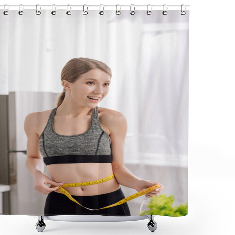 Personality  Happy Girl Measuring Waist Near Fresh Lettuce In Kitchen  Shower Curtains