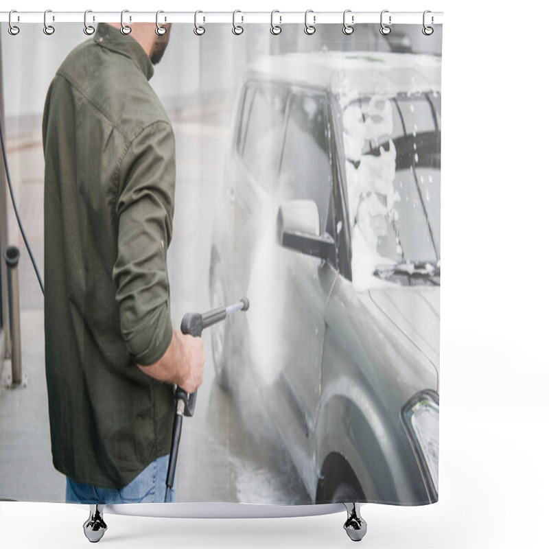 Personality  Cropped Image Of Man Cleaning Car From Foam At Car Wash With High Pressure Water Jet Shower Curtains