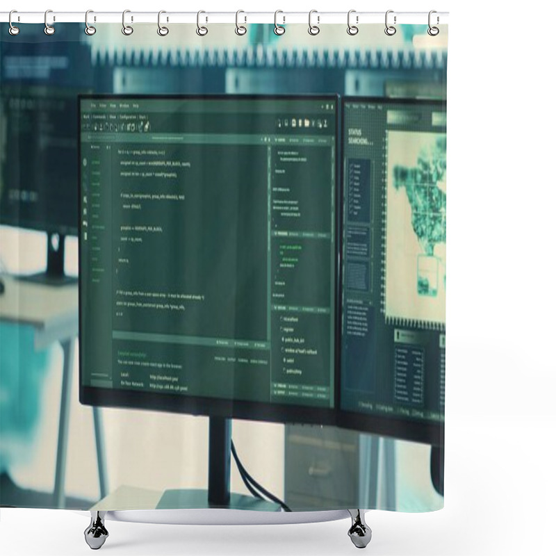 Personality  Empty Governmental Hacking Room Equipped With Computers And Big Screens For Cyber Surveillance. Cyber Security Agency Focuses On Digital Security, Cyber Defense And Espionage Protection. Camera A. Shower Curtains
