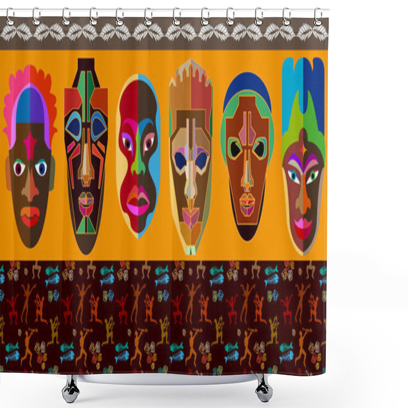 Personality  Seamless Vector Border With Australian Boomerangs And African Masks. Shower Curtains