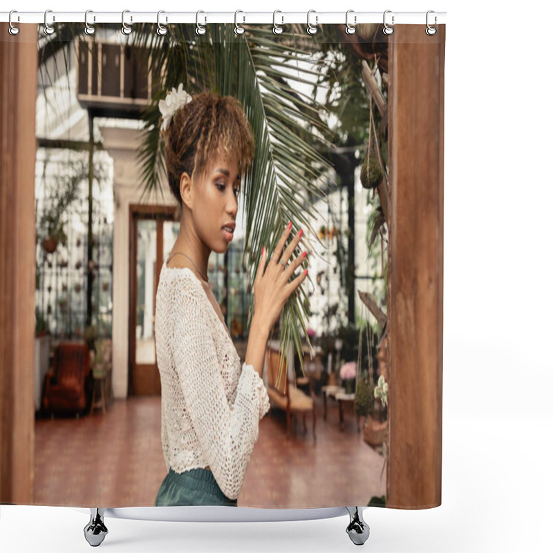 Personality  Young Stylish African American Woman In Summer Knitted Top Touching Branch Of Palm Tree In Blurred Indoor Garden At Background, Fashionista Posing Amidst Tropical Flora, Summer Concept Shower Curtains