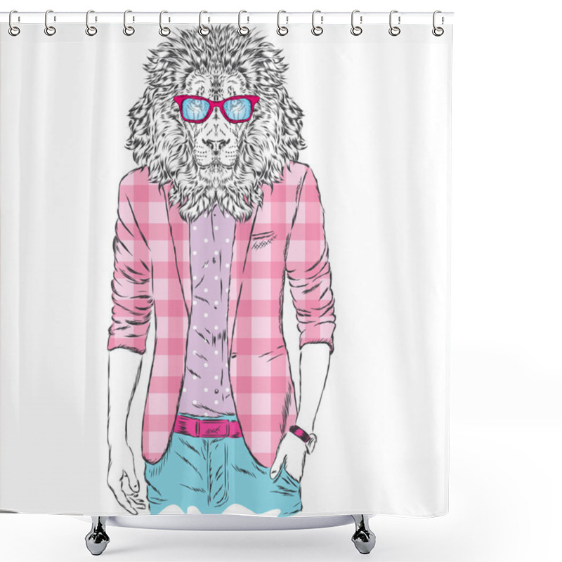 Personality  Leo Hipster In A Jacket And Sunglasses . Vector Illustration. The Print On The Cover , Clothing Or Card . Shower Curtains