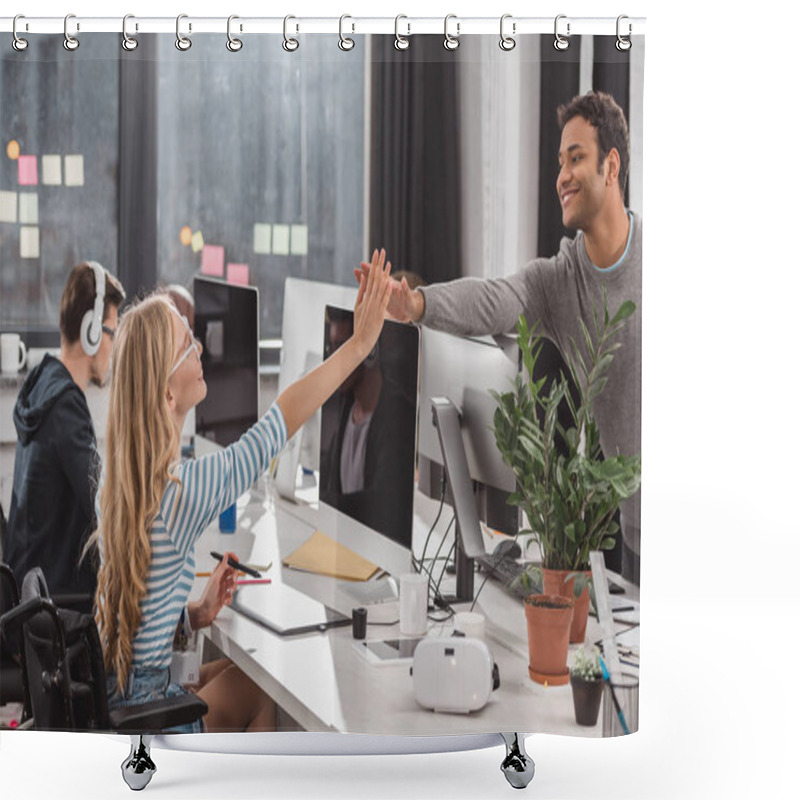 Personality  Happy Colleagues Giving High Five To Each Other At Modern Office Shower Curtains