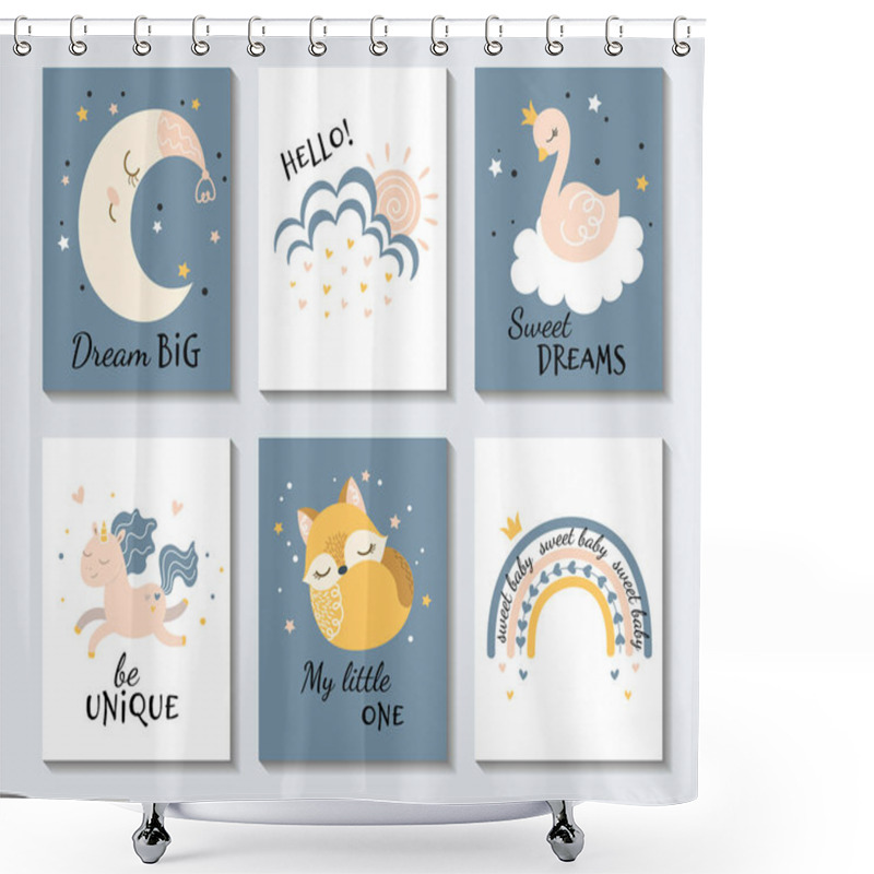 Personality  Set Of Cute Pastel Inspirational Cartoon Posters Shower Curtains