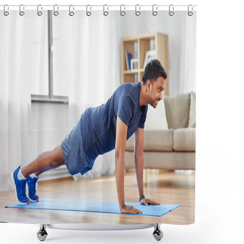 Personality  Indian Man Doing Push Ups At Home Shower Curtains