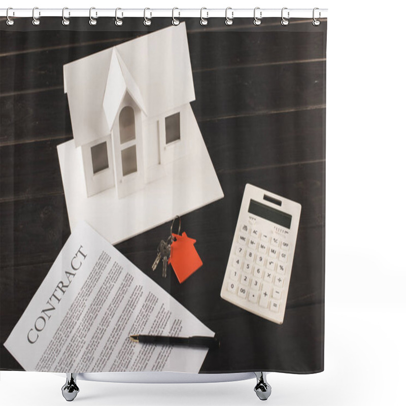 Personality  House Buying Concept With Contract, Keys, Calculator And Maquette Over Wooden Table Shower Curtains