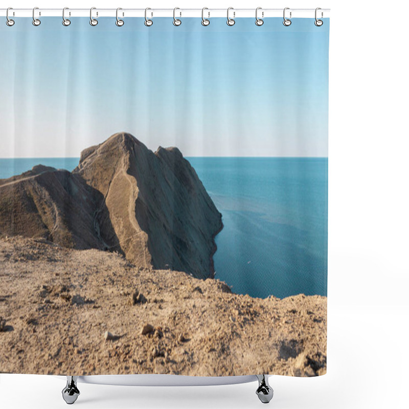 Personality  The Edge Of The Mountain Cliff. A Mountain Peak. A Steep Cliff On The Sea Coast. A Steep Mountain On The Background Of A Clear Sky And Ocean. Shower Curtains