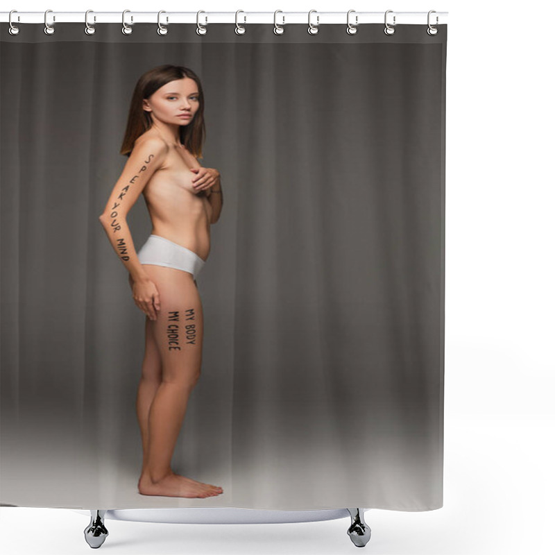 Personality  Full Length View Of Woman In Panties, With Slogans Written On Body Isolated On Dark Grey Shower Curtains