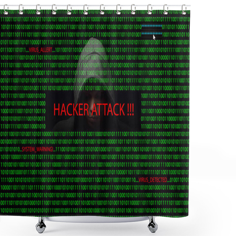 Personality  Hacker Over A Screen With Binary Code And Warning Messages Shower Curtains