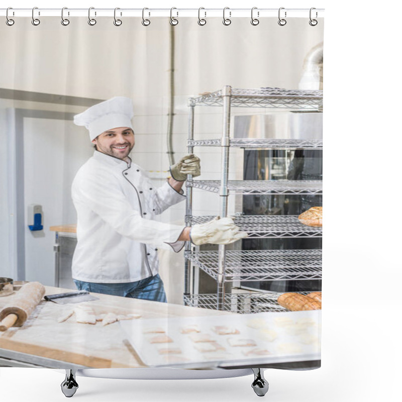 Personality  Smiling Male Baker In Chefs Uniform Standing At Kitchen Shower Curtains