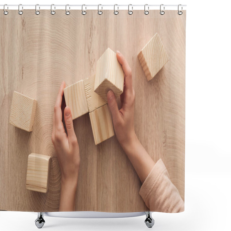 Personality  Cropped View Of Female Hands Near Blank Wooden Cubes Shower Curtains