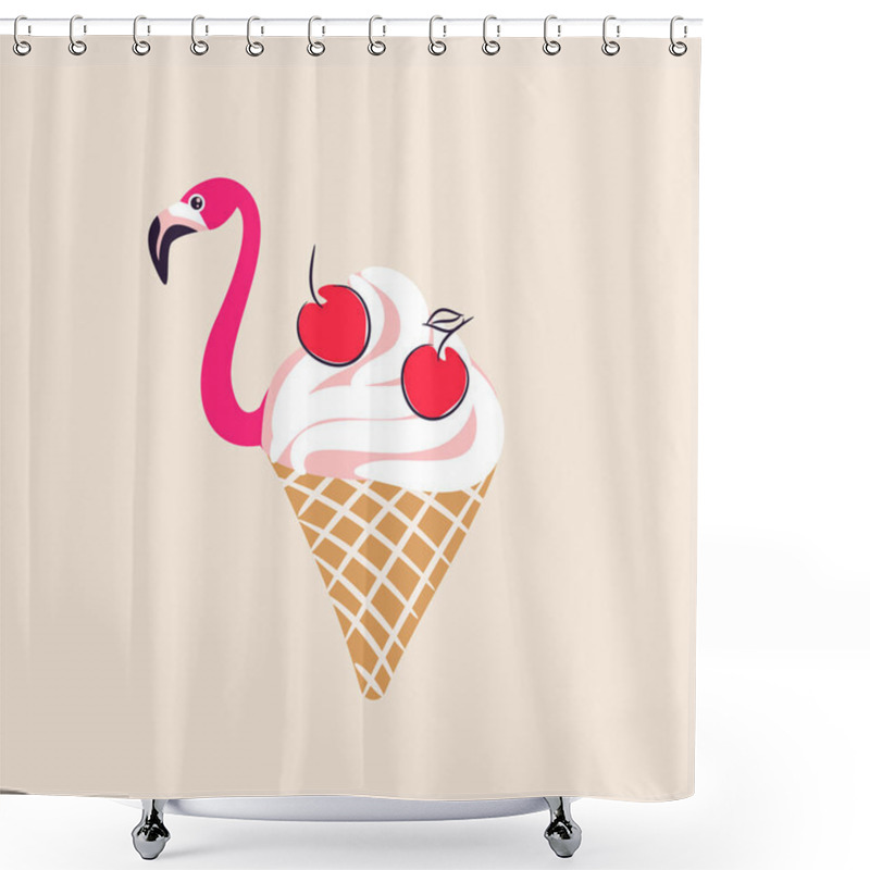 Personality  Flamingo Ice Cream Summer Illustration. Tropical Cone Icecream With Cherry On Top. Shower Curtains