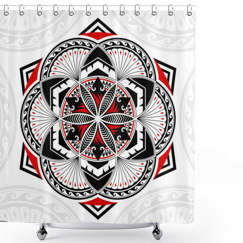 Personality  Thai Pattern Mixed Art Polynesian Art, Mandala Art In Circles Shapes, Six-pointed Stars And Hexagonal, Black-red Stripes On A White Background. Shower Curtains