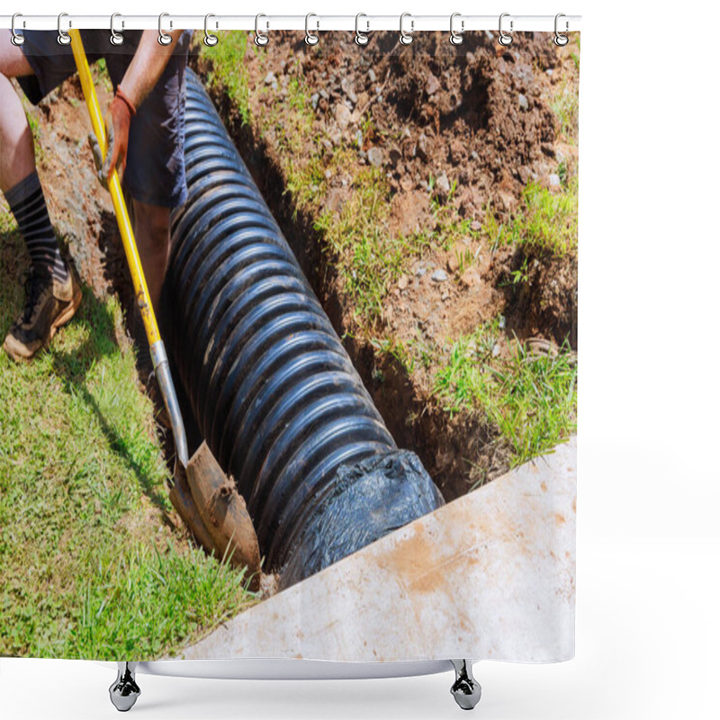 Personality  In Course Of Construction, Drainage Black Pipe Is Installed In Trench Shower Curtains