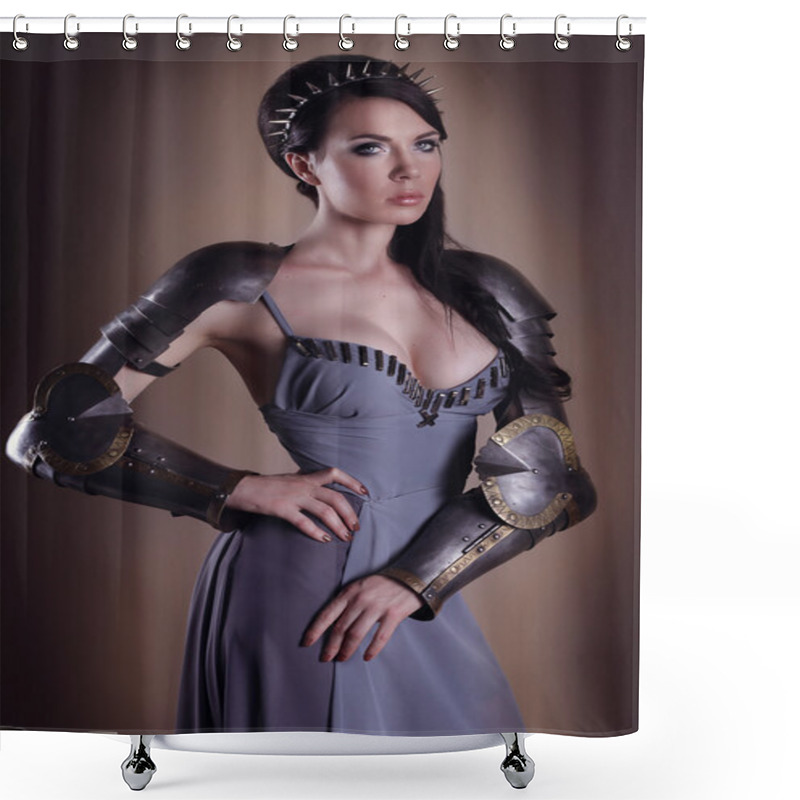 Personality  Portrait Of A Beautiful Lady Warrior, Dark-haired Girl In A Gray Shower Curtains