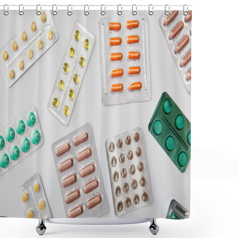 Personality  Top View Of Different Pills On White Background Shower Curtains