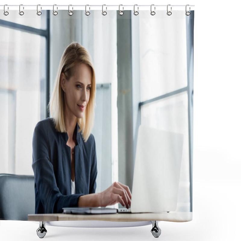 Personality  Smiling Professional Businesswoman Working With Laptop In Office Shower Curtains