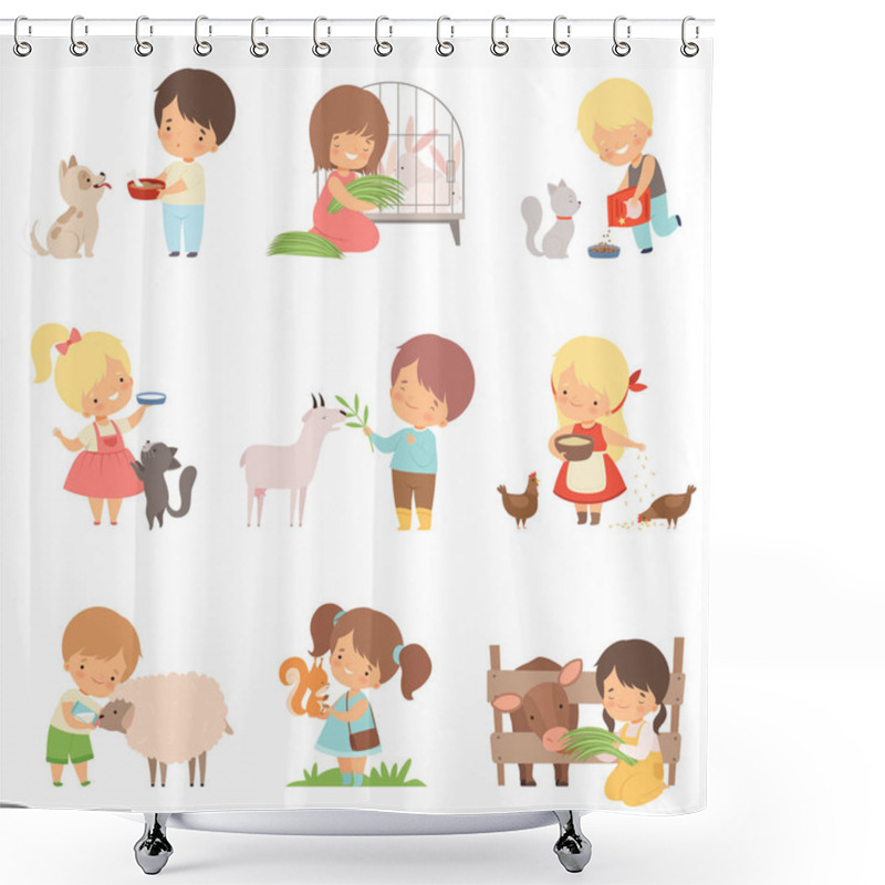 Personality  Cute Little Boys And Girls Feeding Animals Set, Adorable Kids Caring For Wild And Domestic Animals Cartoon Vector Illustration Shower Curtains