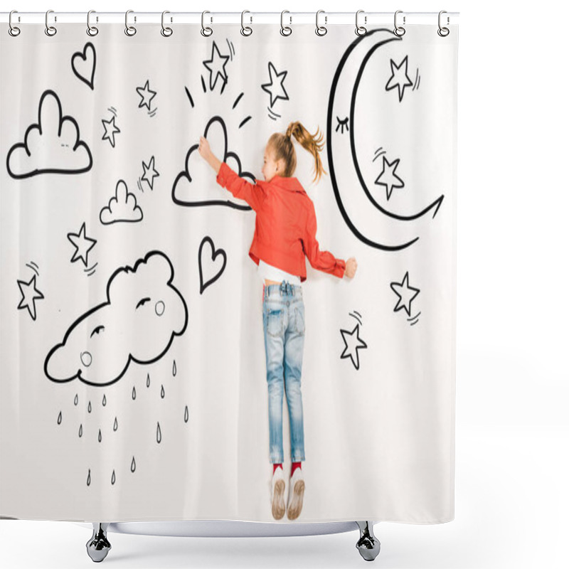 Personality  Top View Of Cheerful Kid Flying Near Moon And Stars On White  Shower Curtains