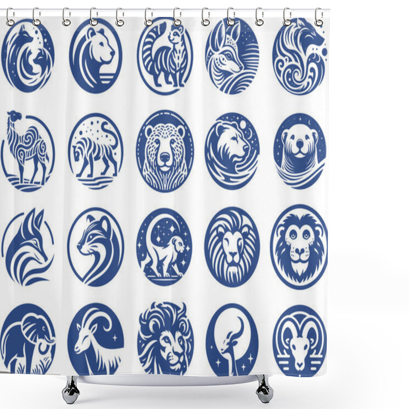 Personality  Collection Of Animal Heads Circular Blue Monochrome Minimalist Logo Style Icons Shower Curtains