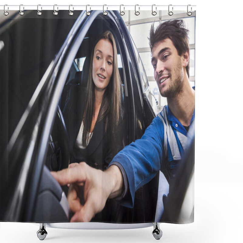 Personality  Mechanic And Customer In Garage Shower Curtains