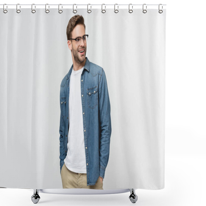 Personality  Smiling Man In Eyeglasses With Hands In Pockets Of Pants Looking Away Isolated On Grey Shower Curtains