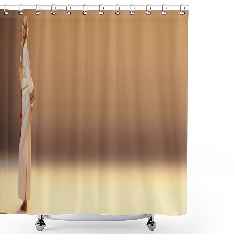 Personality  A Young Woman In A White Stands Gracefully In A Room Adorned With Mystical Decor, Exuding An Aura Of Enchantment. Shower Curtains