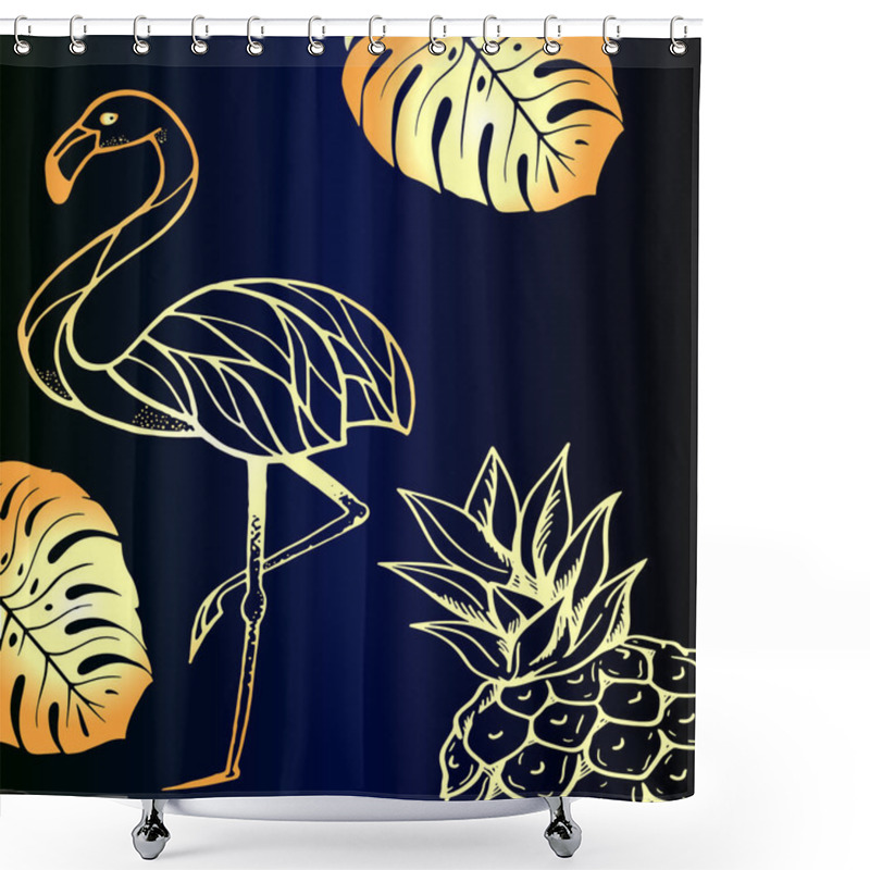 Personality  Flamingos, Pineapple And Tropical Leaves - Golden Gradient - An Idea For A Bright Summer Background Shower Curtains