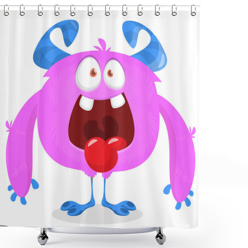 Personality  Funny Cartoon Smiling Monster Character. Illustration Of Cute And Happy Mythical Alien. Vector Isolated Shower Curtains