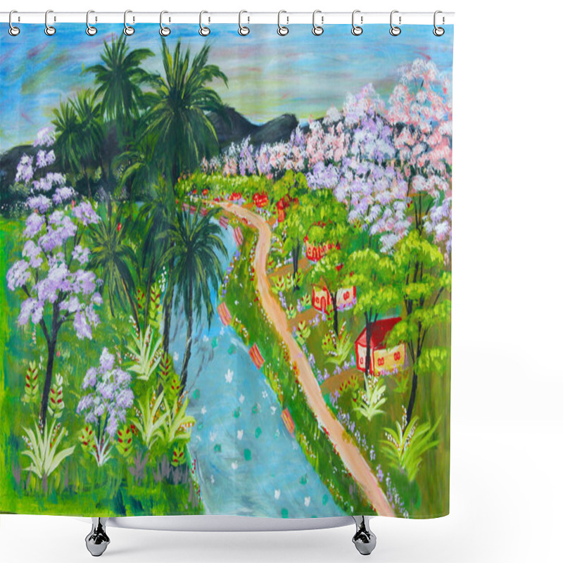 Personality  Small Rural Village Huts And Homes Along A Flowing River In A Tropical Country With Coconut Trees And Flowering Trees In Full Bloom Shower Curtains