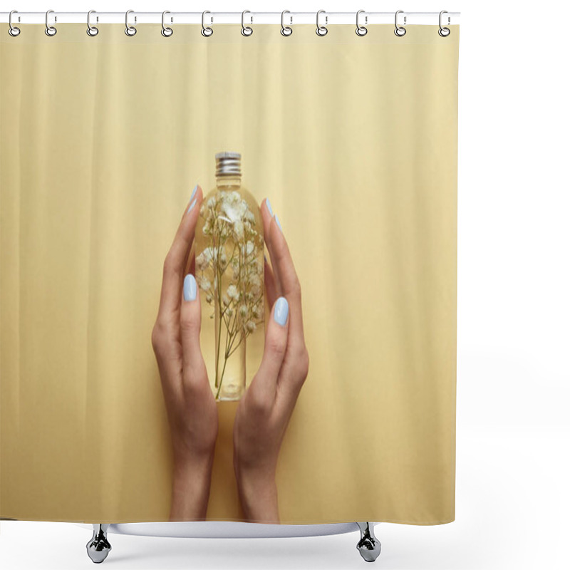 Personality  Partial View Of Woman Holding Bottle With Natural Beauty Product And Herbs In Hands On Yellow Background Shower Curtains