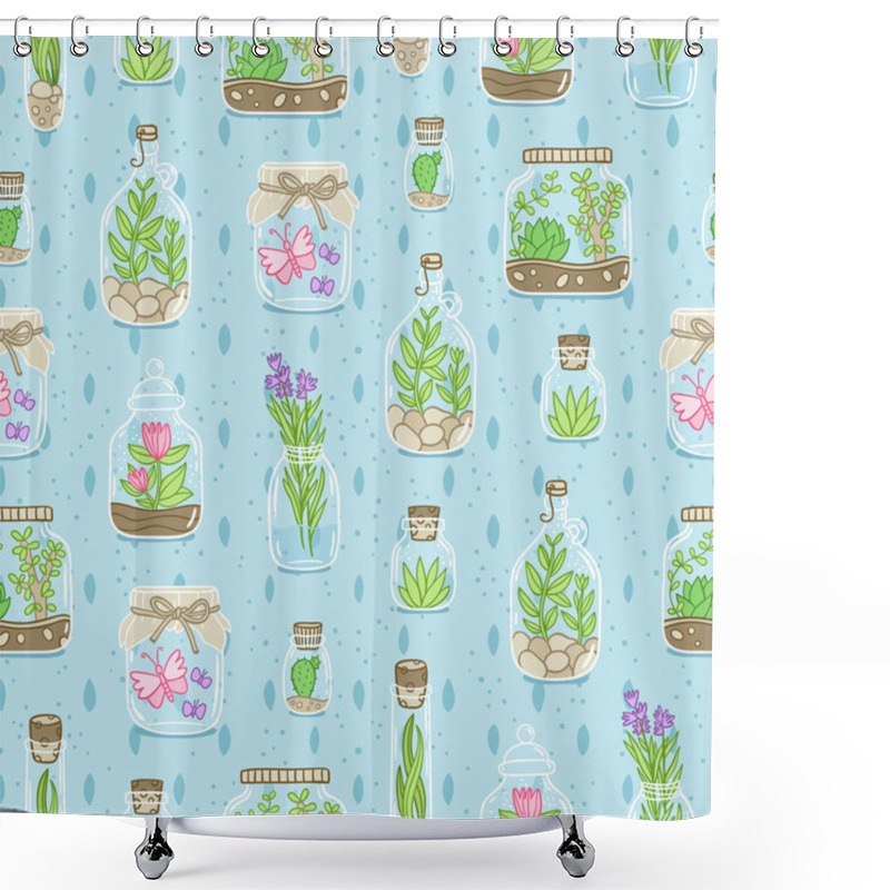 Personality  Terrariums On Blue Background Seamless Pattern Shower Curtains