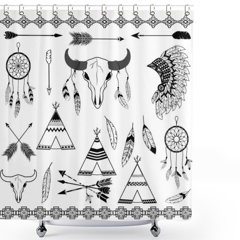 Personality  Tribal Decorative Elements.Black And White.Feathers,Indian Dream Catcher,Arrow,Aztec Tribal,Feather Headdress,Tee Pee Tents,Skull Shower Curtains